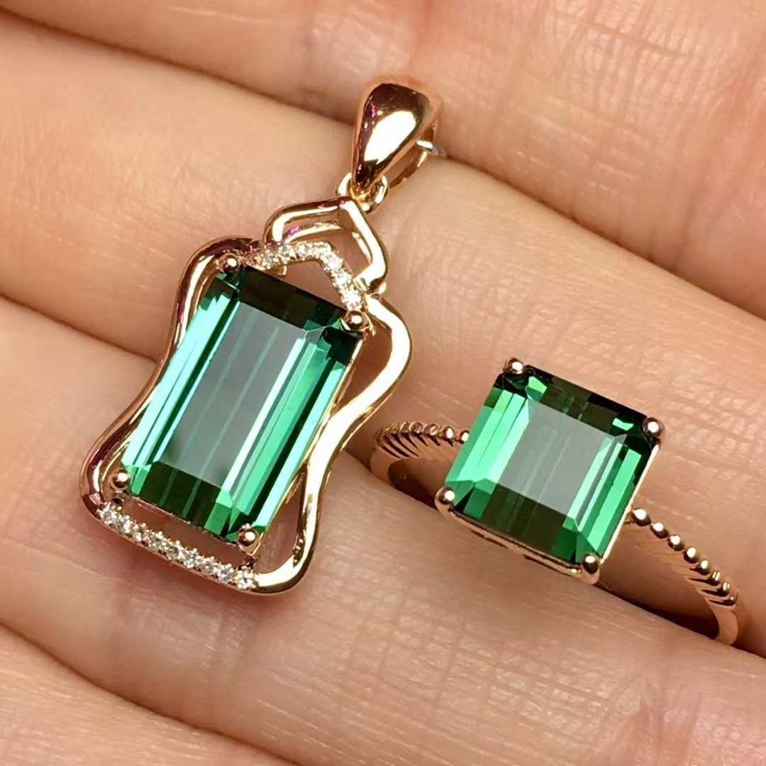 14k Gold 6.0 Ct Natural Tourmaline & Diamond Jewelry Set: Ref:230992347 // gold content:14k gold // ring size:7. 25us // // pendant(without chain) // main gemstone:tourmaline // shape:octagonal // carat weight:3. 7ct // color:green // treatment:natural //