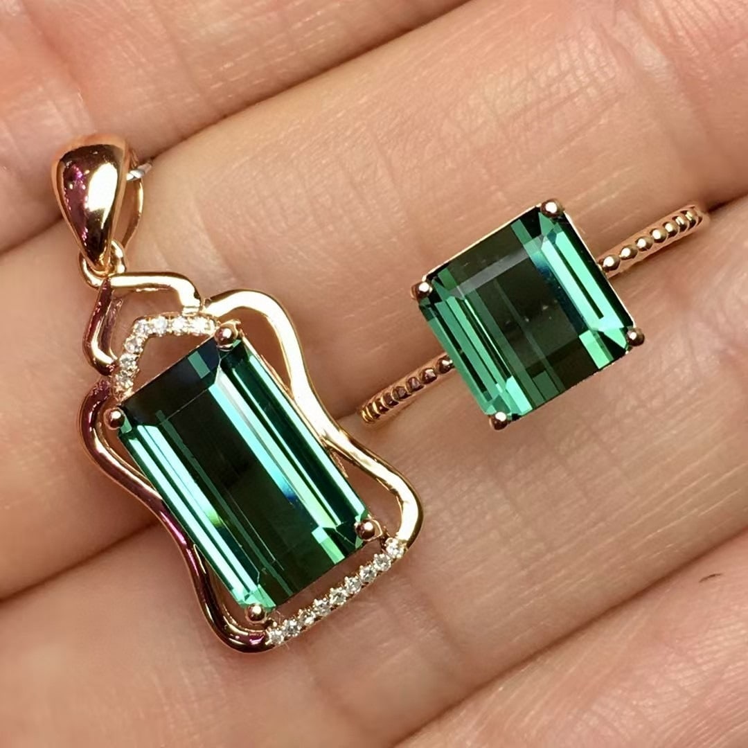 14k Gold 6.0 Ct Natural Tourmaline & Diamond Jewelry Set - 2