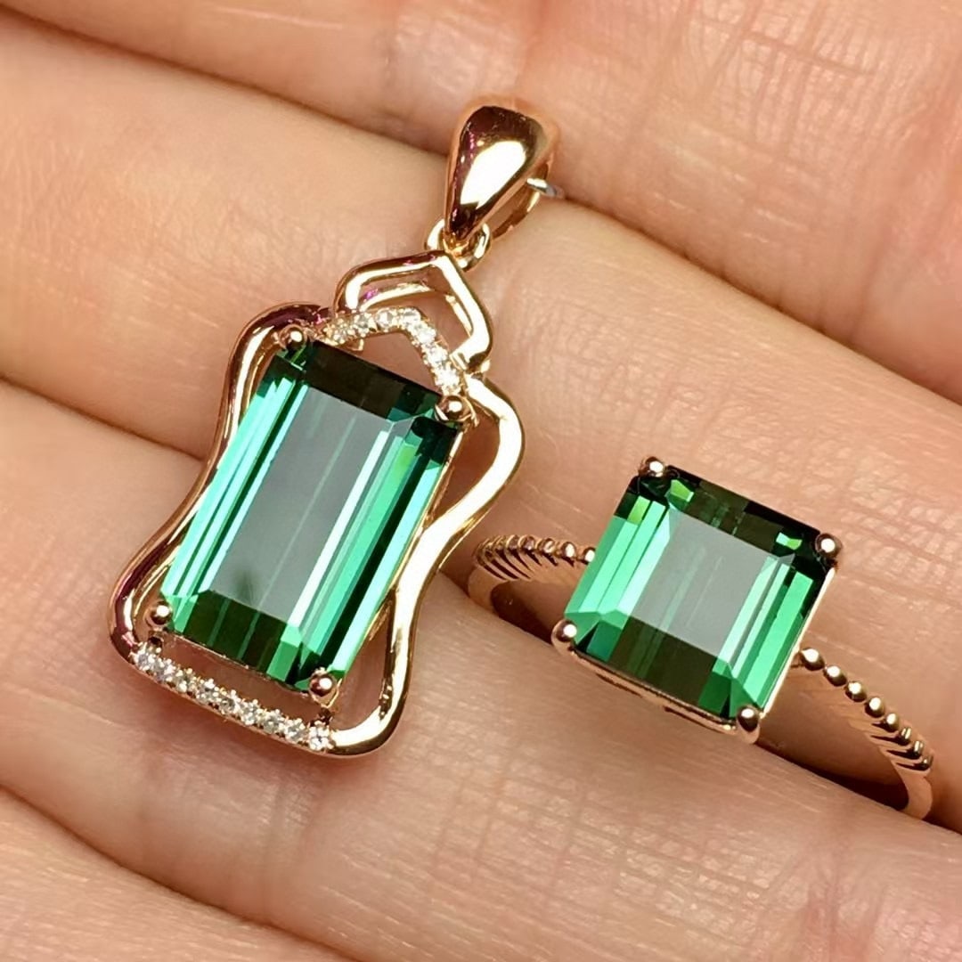 14k Gold 6.0 Ct Natural Tourmaline & Diamond Jewelry Set - 3