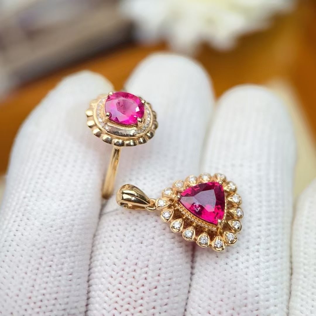 14k Gold 2.8 Ct Natural Tourmaline & Diamond Jewelry Set - 2