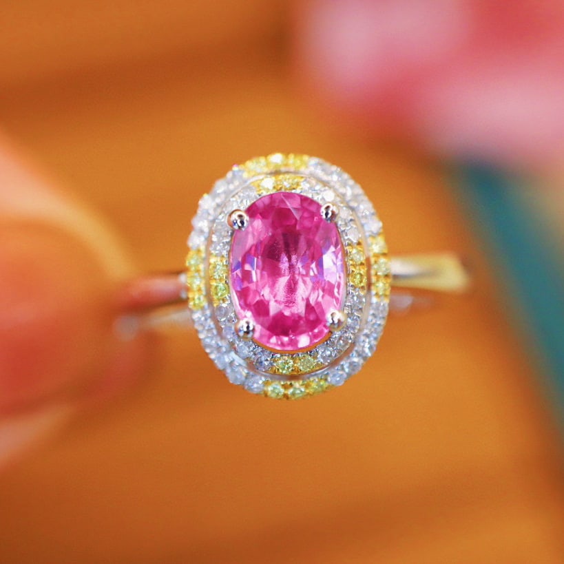 14k Gold 1.20 Ctw Natural Sapphire & Diamond Ring: Ref:230992360 // gold content:14k gold // ring size:7. 25us // // main gemstone:sapphire // shape:oval // carat weight:1. 03ct // color:pink // treatment:natural // // adjacent gemstone 2 : diamond //