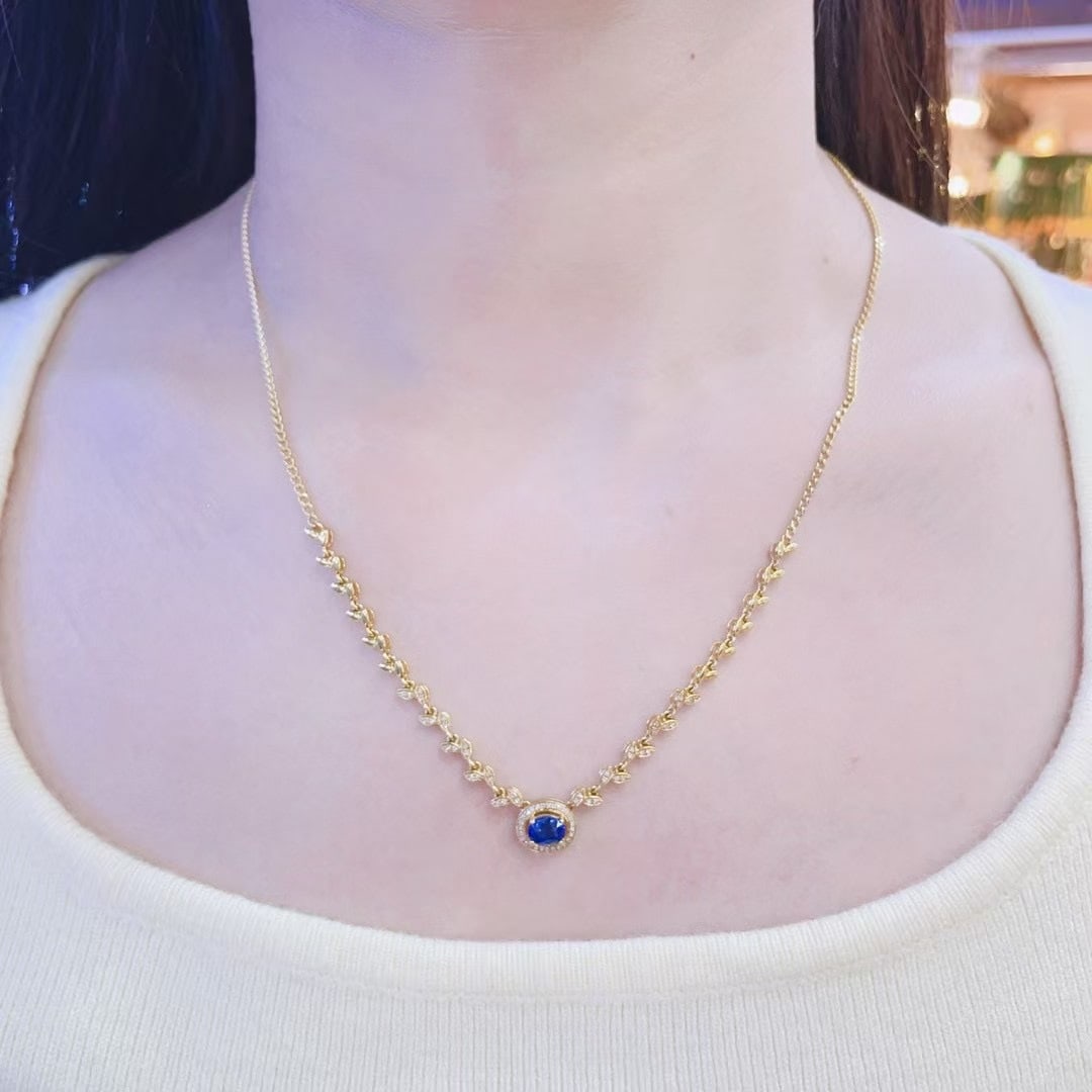14k Gold 0.73 Ct Natural Sapphire & Diamond Necklace - 4