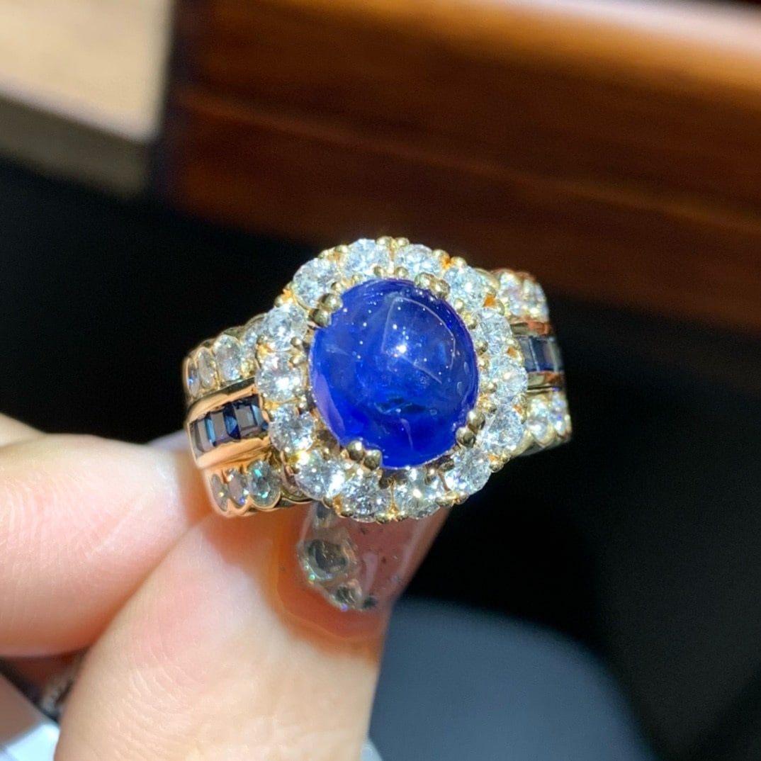 14k Gold 5.92 Ctw Natural Sapphire & Diamond Ring: Ref:230992373 // gold content:14k gold // ring size:7. 25us // // main gemstone:sapphire // shape:oval // carat weight:4. 17ct // color:blue // treatment:natural // // adjacent gemstone 2 : diamond //
