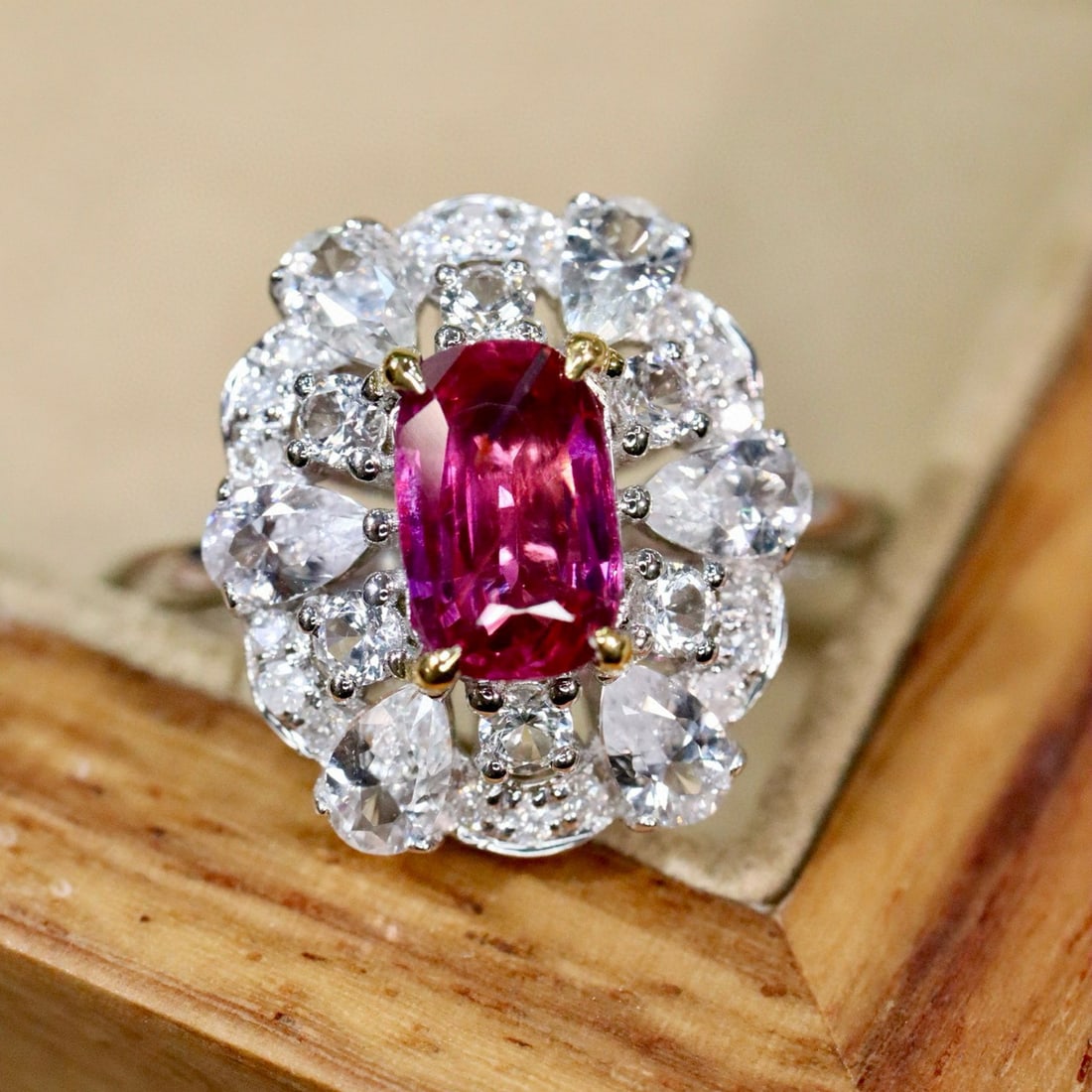 14k Gold 0.98 Ctw Natural Ruby & Diamond Ring: Ref:230992384 // gold content:14k gold // ring size:7. 25us // // main gemstone:ruby // shape:cushion // carat weight:0. 89ct // color:red // treatment:natural // // adjacent gemstone 2 : diamond // s