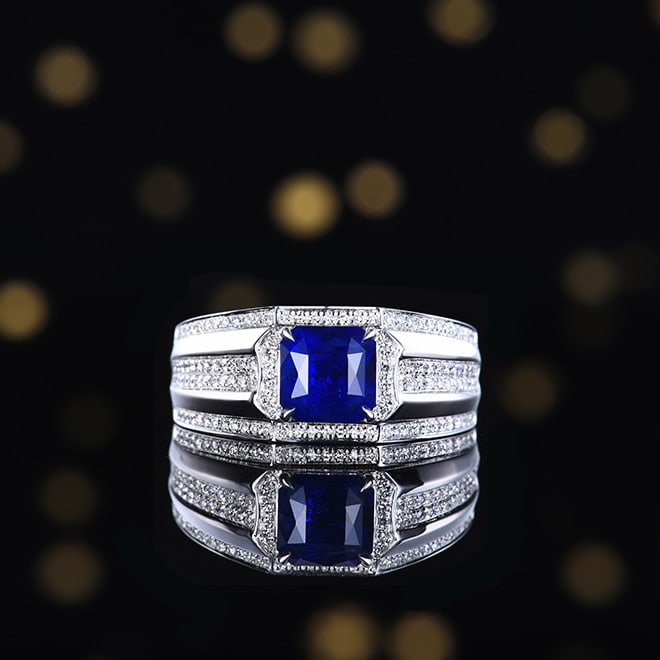 14k Gold 2.71 Ctw Natural Sapphire & Diamond Ring: Ref:230992392 // gold content:14k gold // ring size:7. 25us // // main gemstone:sapphire // shape:octagonal // carat weight:2. 41ct // color:royal blue // treatment:natural // // adjacent gemstone 2