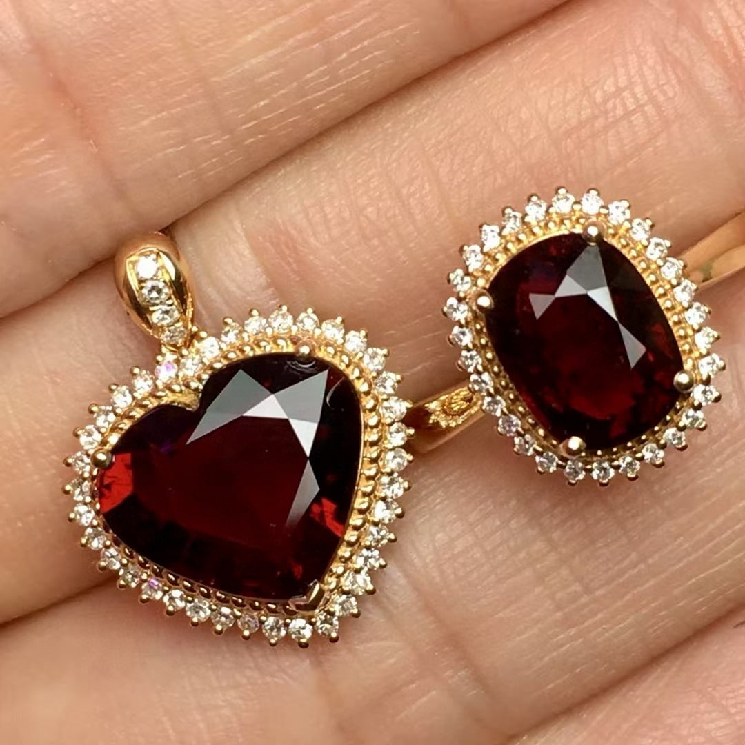 14k Gold 5.6 Ct Natural Tourmaline & Diamond Jewelry Set: Ref:230992403 // gold content:14k gold // ring size:7. 25us // // pendant(without chain) // main gemstone:tourmaline // shape:heart // carat weight:3. 6ct // color:red // treatment:natural // //