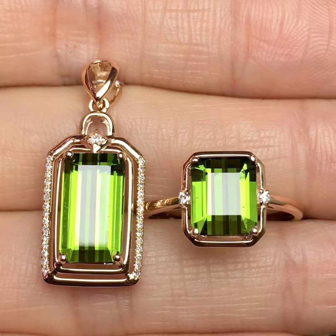 14k Gold 6.8 Ct Natural Tourmaline & Diamond Jewelry Set - 2