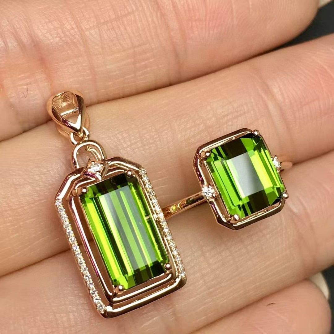 14k Gold 6.8 Ct Natural Tourmaline & Diamond Jewelry Set - 3