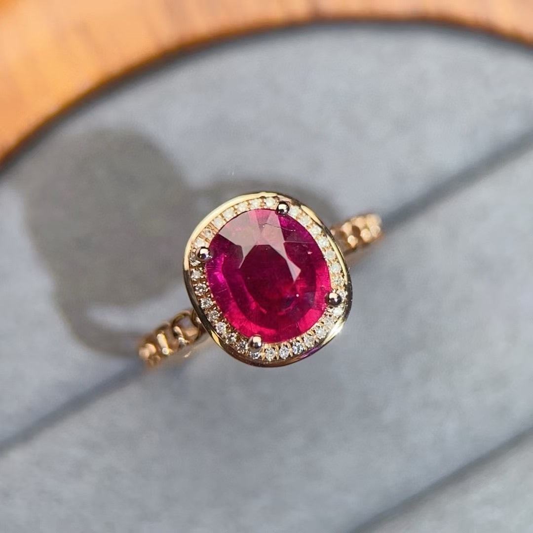 14k Gold 1.68 Ct Natural Tourmaline & Diamond Ring: Ref:230992407 // gold content:14k gold // ring size:7. 25us // // main gemstone:tourmaline // shape:oval // carat weight:1. 68ct // color:red // treatment:natural // // adjacent gemstone 2 : diamond