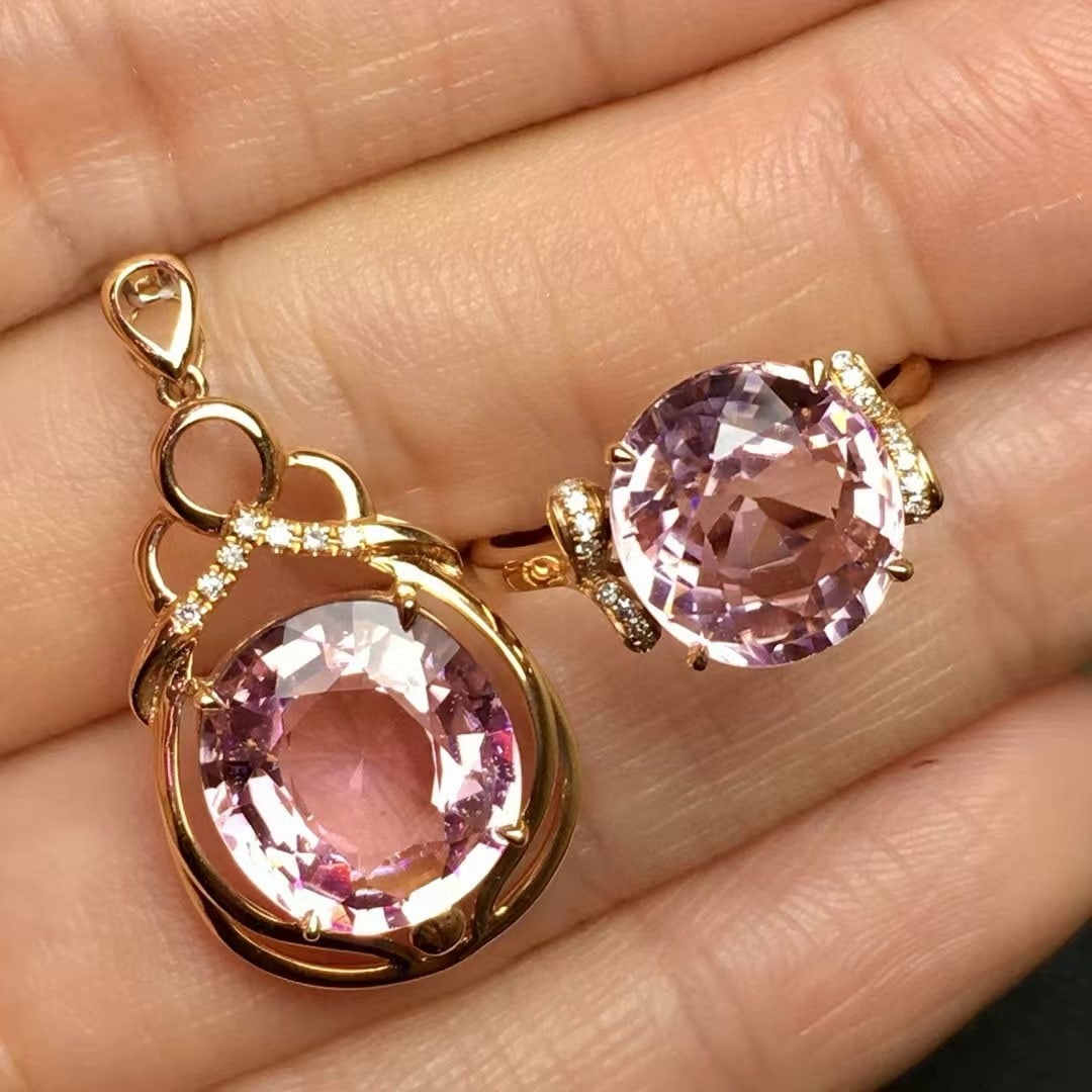 14k Gold 10.1 Ct Natural Tourmaline & Diamond Jewelry Set: Ref:230992409 // gold content:14k gold // ring size:7. 25us // // pendant(without chain) // main gemstone:tourmaline // shape:oval // carat weight:5. 5ct // color:pink // treatment:natural // // adjac
