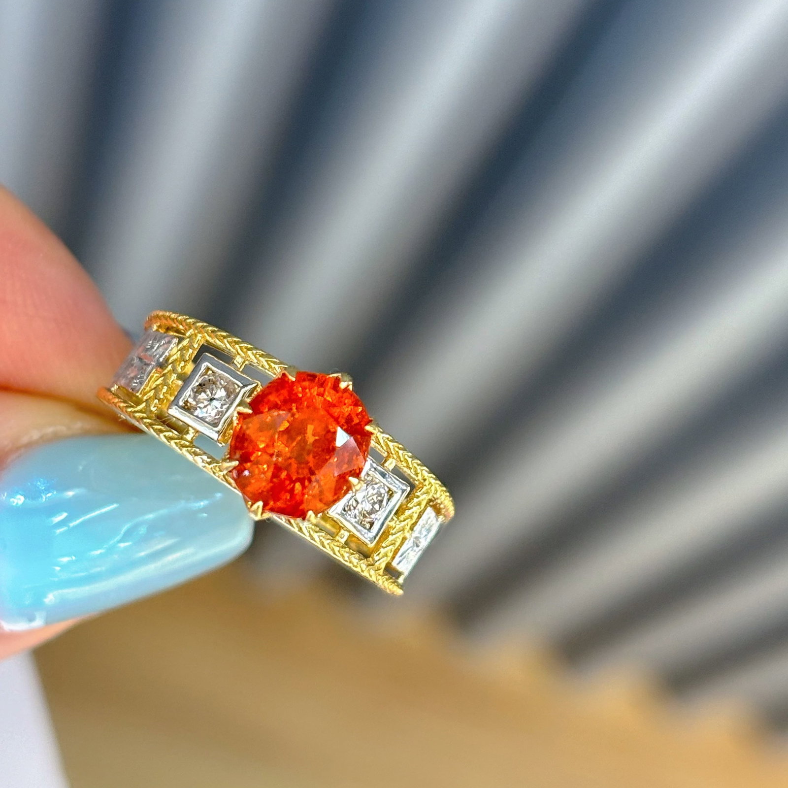 14k Gold 2.02 Ct Natural Spessartine & Diamond Ring: Ref:230992419 // gold content:14k gold // ring size:7. 25us // // main gemstone:spessartine // shape:oval // carat weight:2. 02ct // color:orange // treatment:natural // // adjacent gemstone 2 :