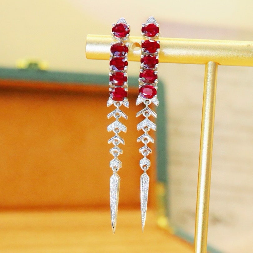 14k Gold 2.12 Ctw Natural Ruby & Diamond Earrings: Ref:230992427 // gold content:14k gold // main gemstone:ruby // shape:oval // carat weight:2. 00ct // color:pigeonblood red // treatment:natural // // adjacent gemstone 2 : diamond // number of