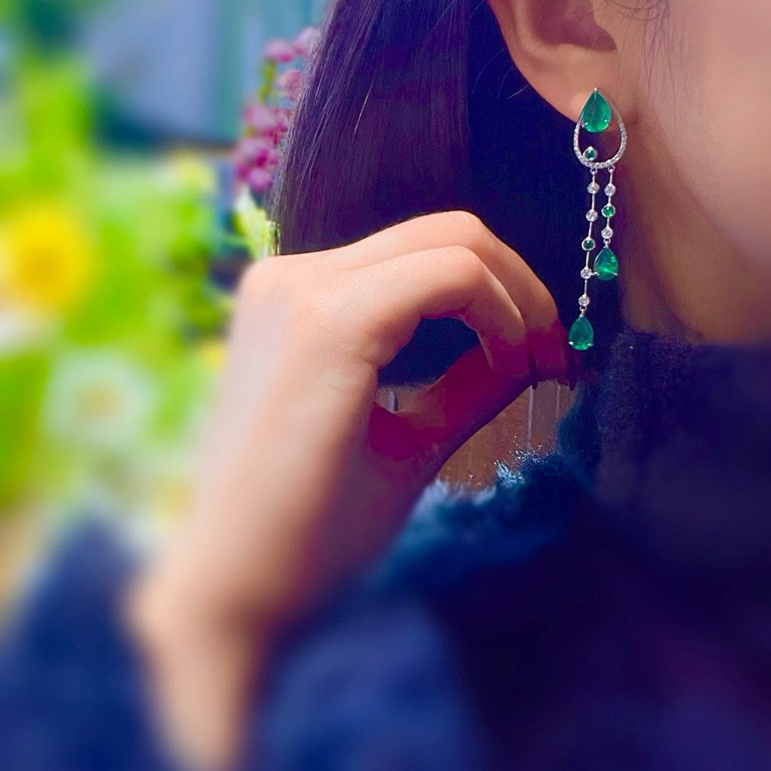 14k Gold 7.26 Ctw Vivid Green Natural Emerald & Diamond Earrings - 2