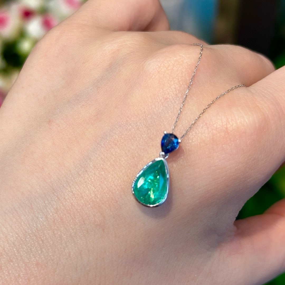 14k Gold 2.96 Ctw Natural Emerald & Sapphire Pendant( Without Chain ) - 2
