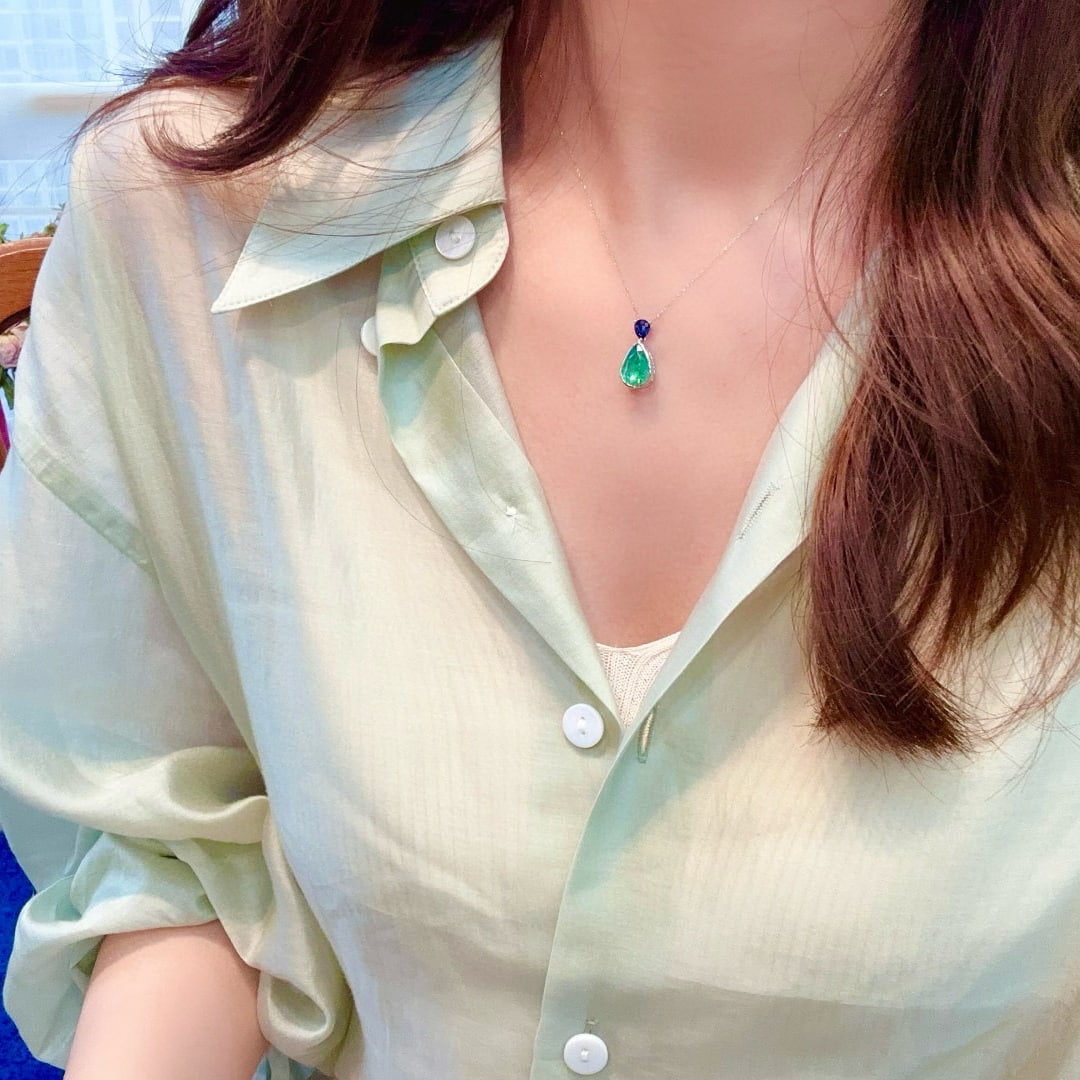 14k Gold 2.96 Ctw Natural Emerald & Sapphire Pendant( Without Chain ) - 4