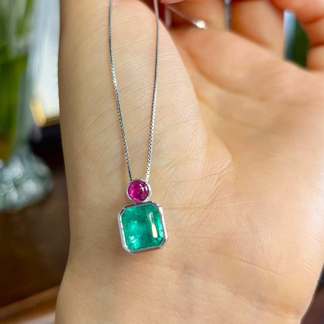 14k Gold 3.35 Ctw Natural Emerald & Ruby Pendant( Without Chain ) - 6