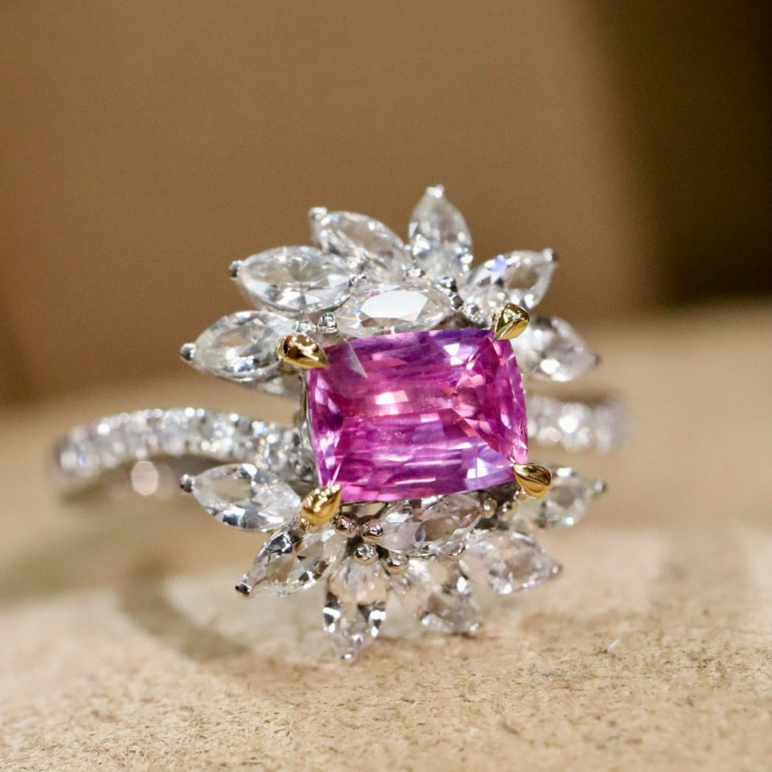 14k Gold 0.92 Ctw Natural Sapphire & Diamond Ring: Ref:230992447 // gold content:14k gold // ring size:7. 25us // // main gemstone:sapphire // shape:cushion // carat weight:0. 80ct // color:pink // treatment:natural // // adjacent gemstone 2 :