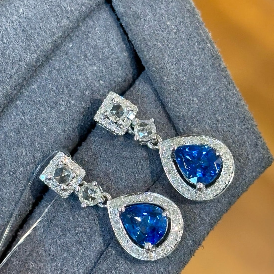 14k Gold 1.3 Ct Natural Sapphire & Diamond & Sapphire Earrings - 2