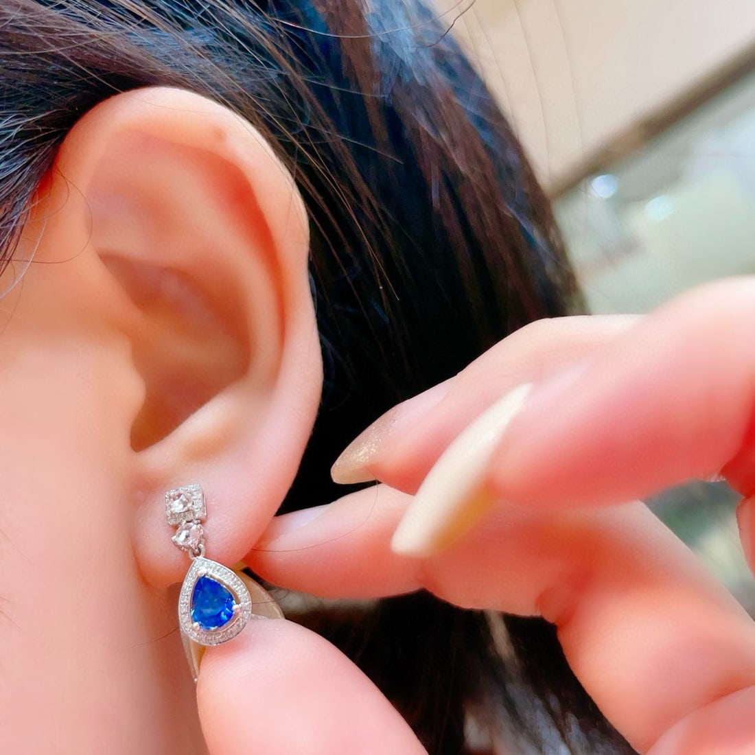 14k Gold 1.3 Ct Natural Sapphire & Diamond & Sapphire Earrings - 5