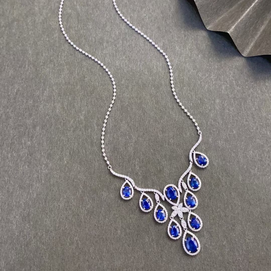 14k Gold 7.63 Ctw Natural Sapphire & Diamond Necklace - 3