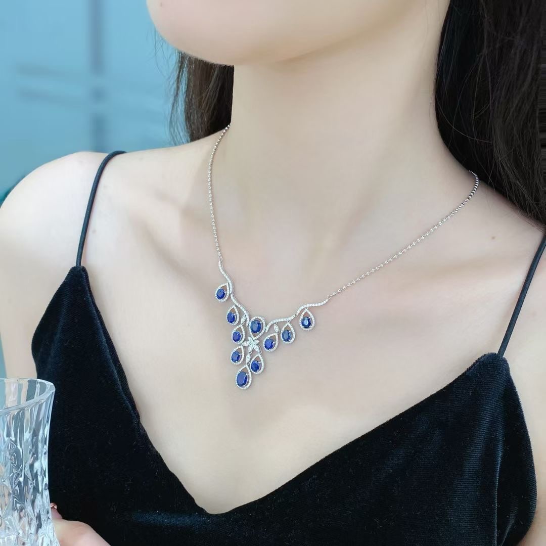 14k Gold 7.63 Ctw Natural Sapphire & Diamond Necklace - 4