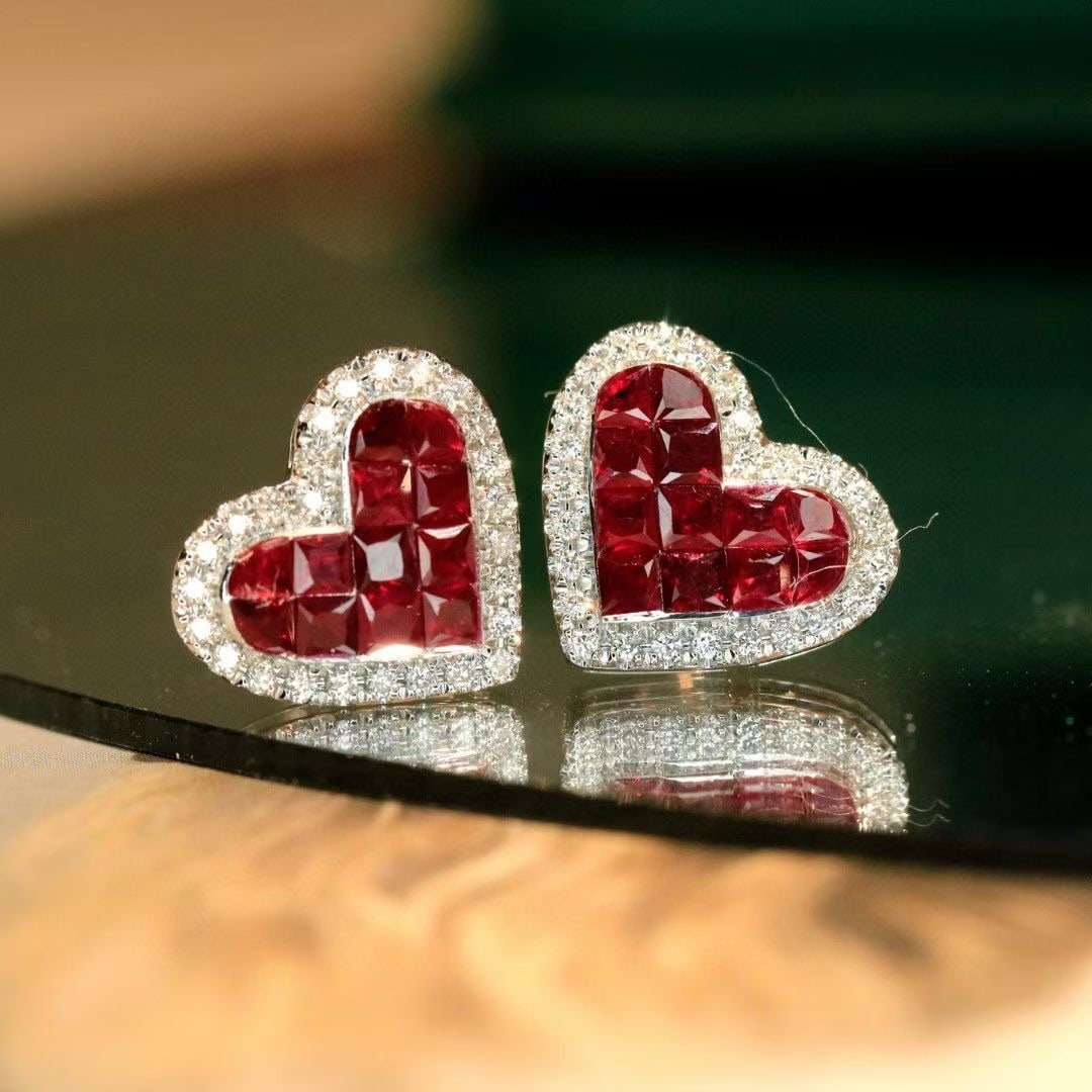 14k Gold 1.64 Ctw Vivid Red Natural Ruby & Diamond Earrings: Ref:230993005 // gold content:14k gold // main gemstone:ruby // shape:princess // carat weight:1. 38ct // color:vivid red // treatment:natural // // adjacent gemstone 2 : diamond // shape:round //