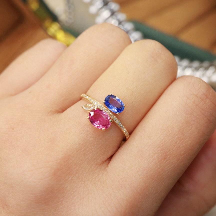14k Gold 1.46 Ctw Natural Sapphire & Diamond & Toi Et Moi Ring - 6