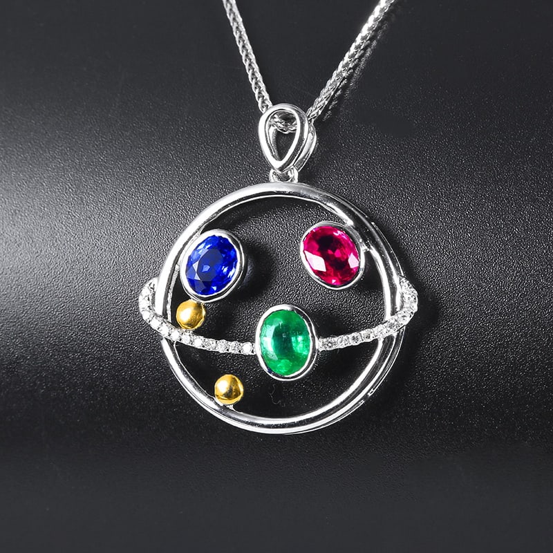 14k Gold 1.00 Ctw Natural Ruby & Emerald & Sapphire & Diamond Pendant( Without Chain ): Ref:230993007 // gold content:14k gold // main gemstone:ruby & emerald & sapphire // shape:oval // carat weight:0. 94ct // color:red & green & blue // treatment:natural // // adjacent gemstone 2 : dia