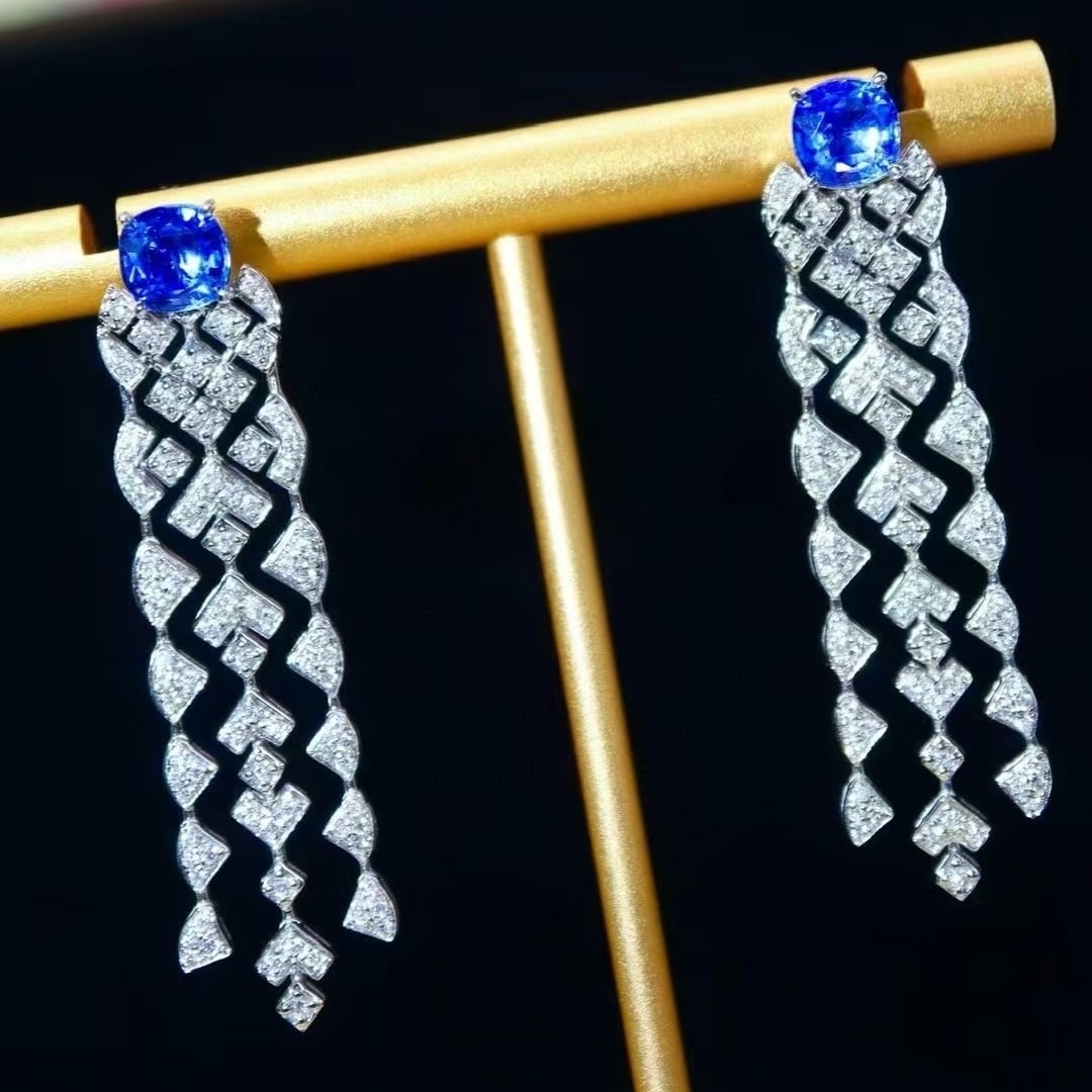 14k Gold 3.31 Ctw Natural Sapphire & Diamond Earrings: Ref:230993024 // gold content:14k gold // main gemstone:sapphire // shape:cushion // carat weight:2. 10ct // color:cornflower blue // treatment:natural // // adjacent gemstone 2 : diamond // shape:rou