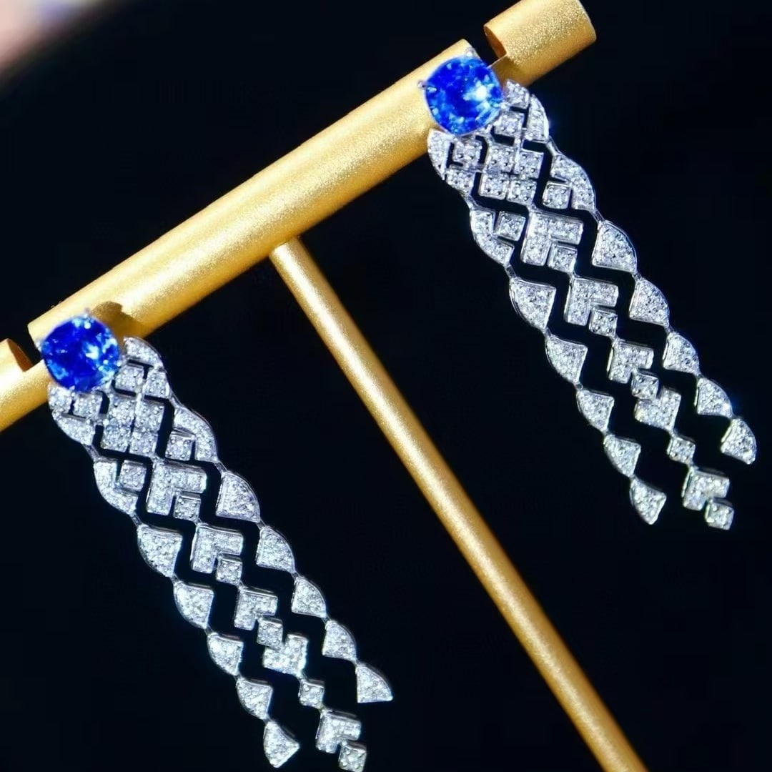 14k Gold 3.31 Ctw Natural Sapphire & Diamond Earrings - 3
