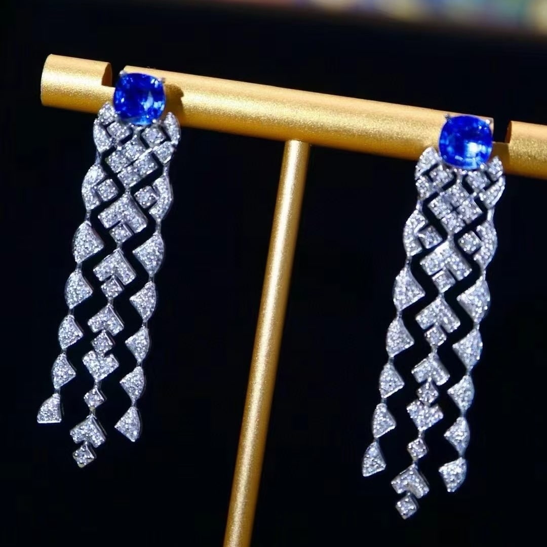 14k Gold 3.31 Ctw Natural Sapphire & Diamond Earrings - 4
