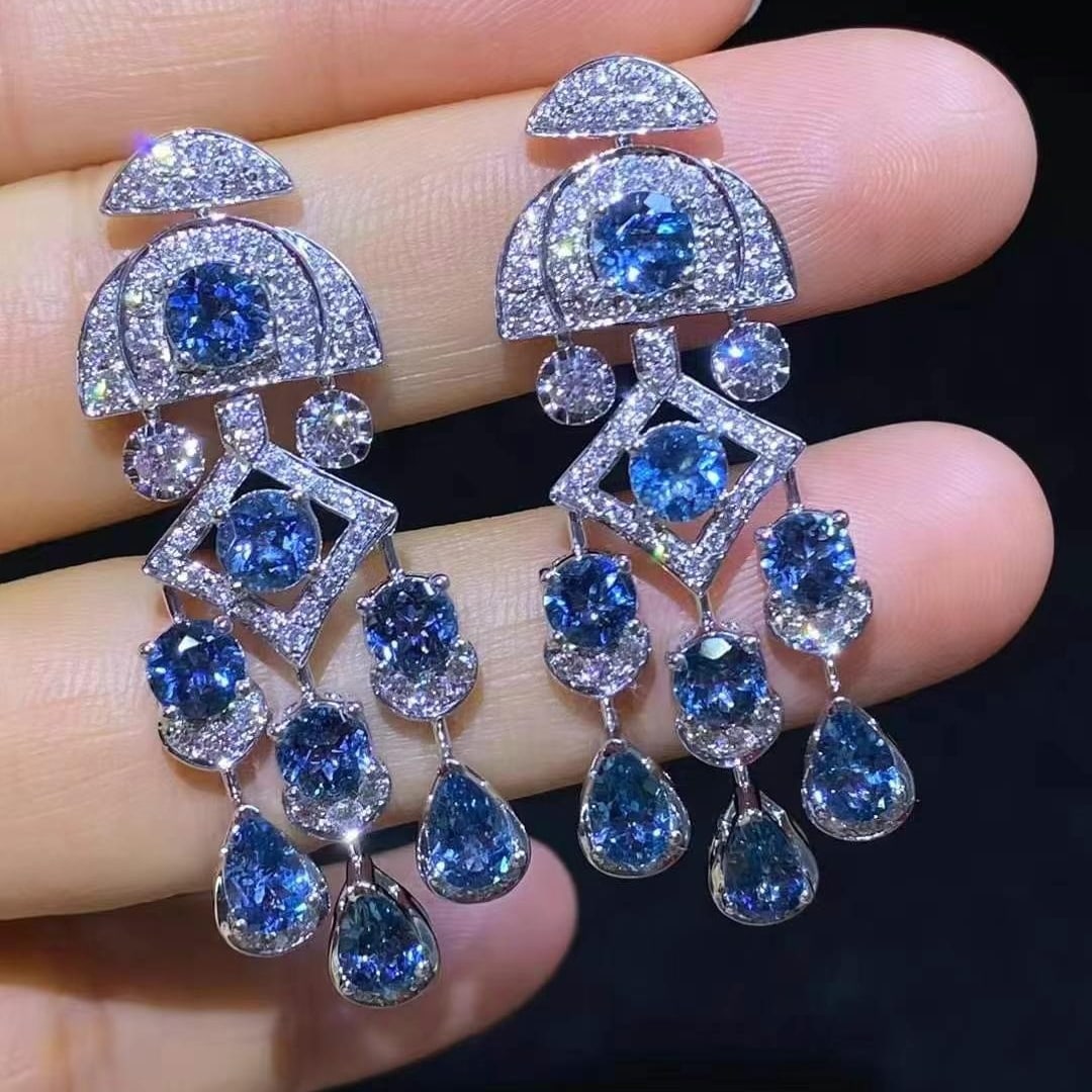 14k Gold 5.88 Ct Natural Aquamarine & Diamond Earrings - 2
