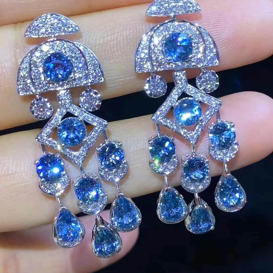14k Gold 5.88 Ct Natural Aquamarine & Diamond Earrings - 6