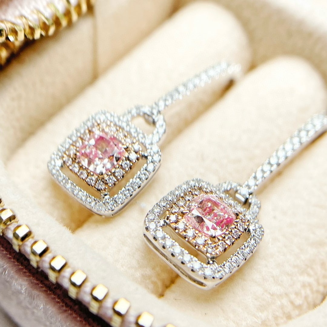 14k Gold 1.78 Ctw Natural Pink Diamond & Diamond Earrings: Ref:230993028 // gold content:14k gold // main gemstone:pink diamond // shape:cushion // carat weight:1. 2ct // color:pink // treatment:natural // // adjacent gemstone 2 : diamond // shape:round // ca