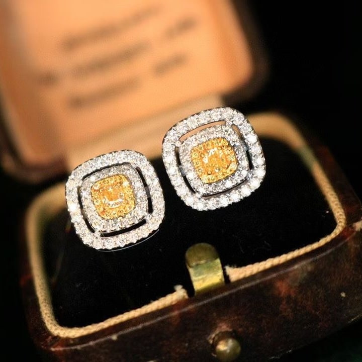 14k Gold 0.70 Ctw Natural Yellow Diamond & Diamond Earrings: Ref:230993029 // gold content:14k gold // main gemstone:yellow diamond // shape:cushion // carat weight:0. 22ct // color:yellow // treatment:natural // // adjacent gemstone 2 : diamond // shape:round