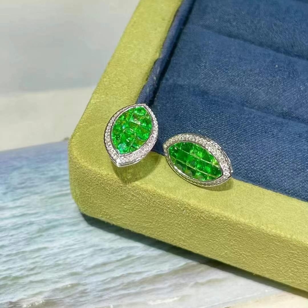 14k Gold 3.2 Ct Vivid Green Natural Tsavorite & Diamond Earrings - 2