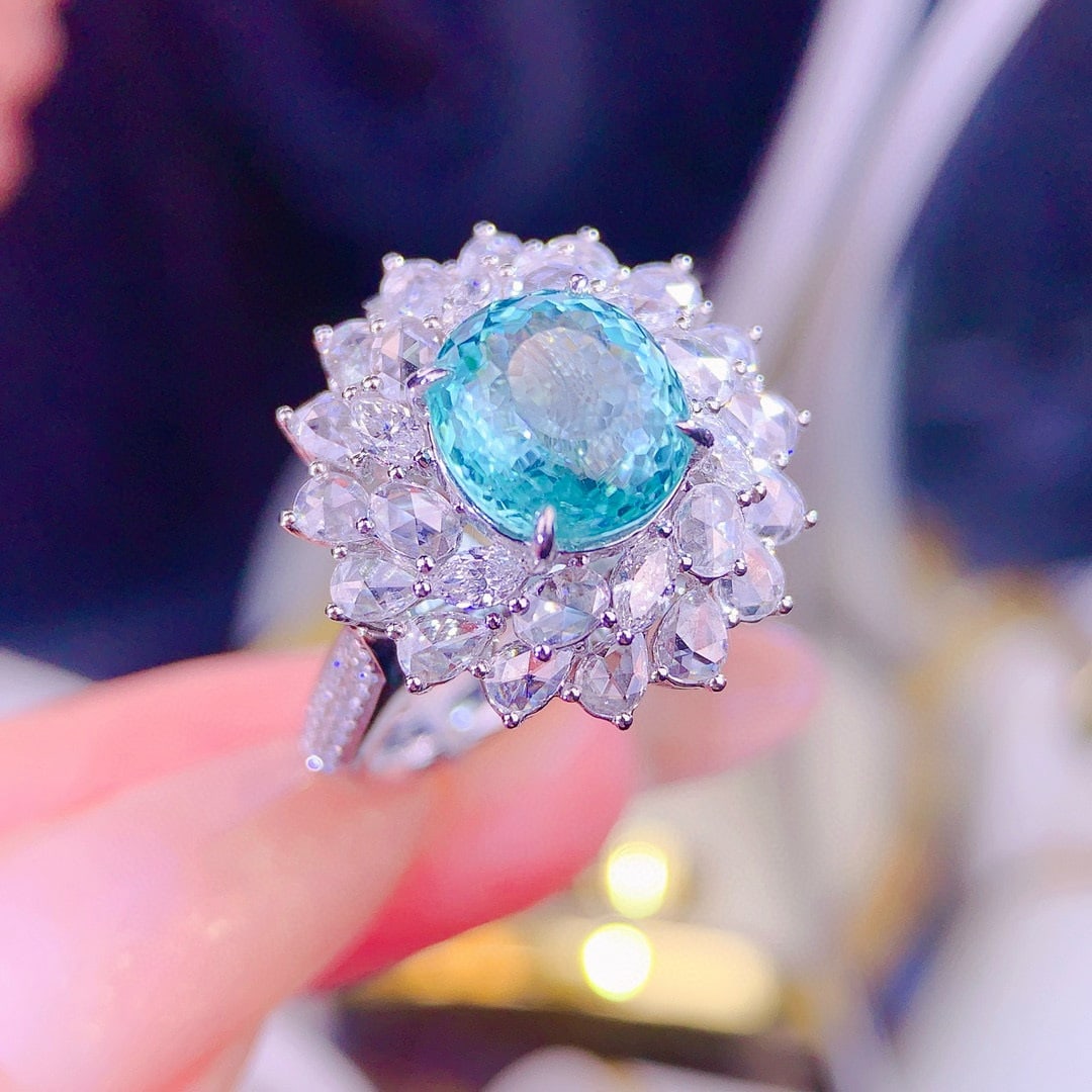 14k Gold 2.72 Ct Natural Paraiba Tourmaline & Diamond Ring/pendant( Without Chain ): Ref:230993034 // gold content:14k gold // ring size:7. 25us // // main gemstone:paraiba tourmaline // shape:oval // carat weight:2. 72ct // color:blue // treatment:natural // // adjacent gemstone 2 : 
