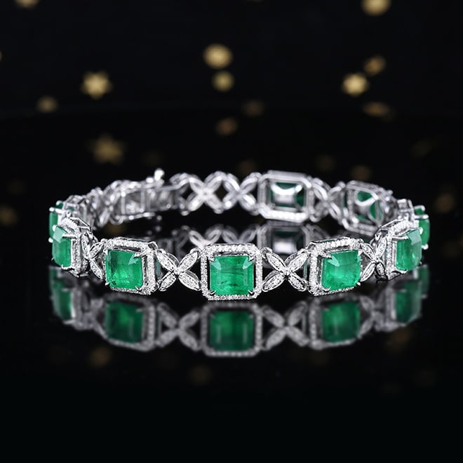 14k Gold 9.05 Ctw Vivid Green Natural Emerald & Diamond Bracelet - 6