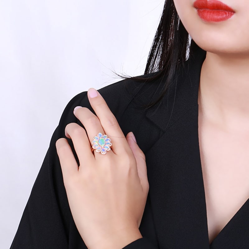 14k Gold 2 Ct Natural Opal & Diamond Ring - 4