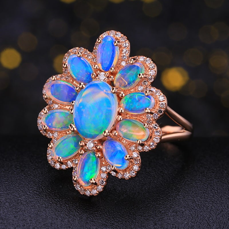 14k Gold 2 Ct Natural Opal & Diamond Ring - 5