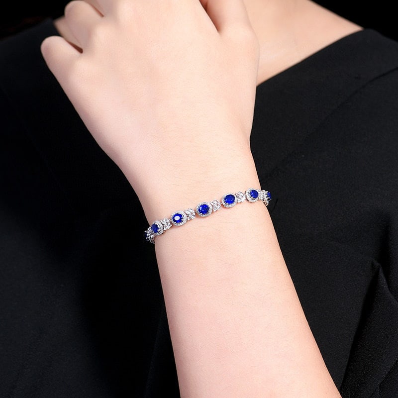 14k Gold 4.36 Ctw Vivid Blue Natural Sapphire & Diamond Bracelet - 6