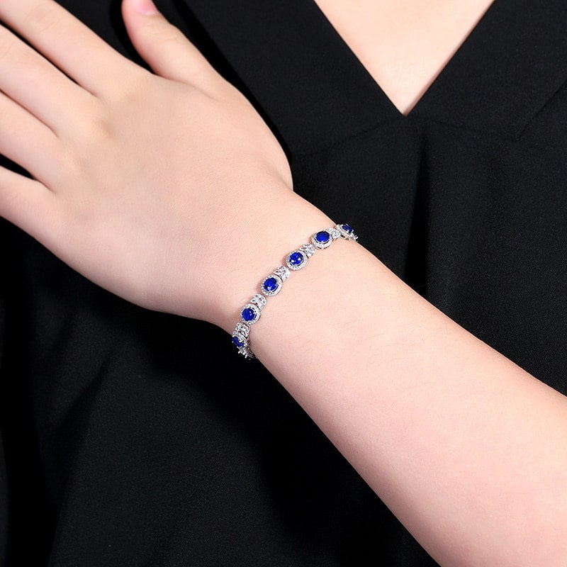 14k Gold 4.36 Ctw Vivid Blue Natural Sapphire & Diamond Bracelet - 7