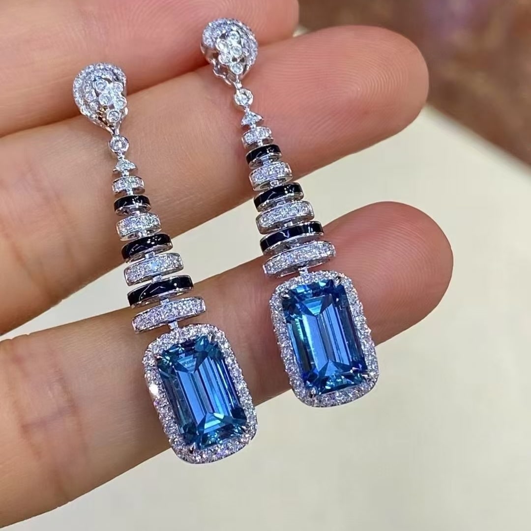 14k Gold 4.16 Ct Natural Aquamarine & Diamond Earrings - 2