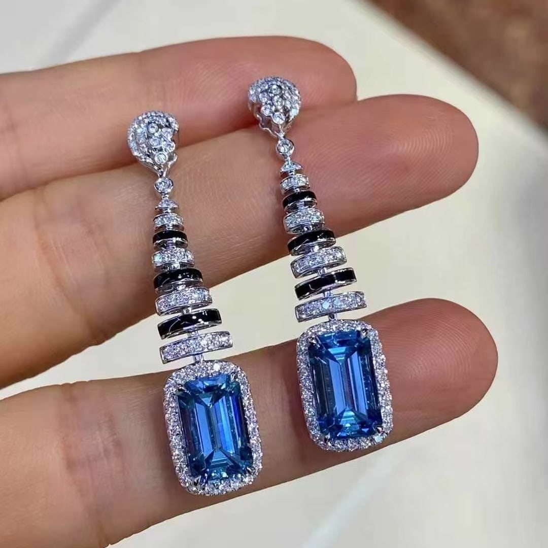 14k Gold 4.16 Ct Natural Aquamarine & Diamond Earrings - 5