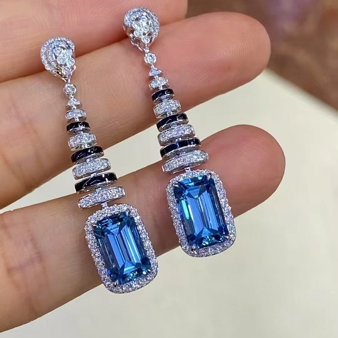 14k Gold 4.16 Ct Natural Aquamarine & Diamond Earrings - 6