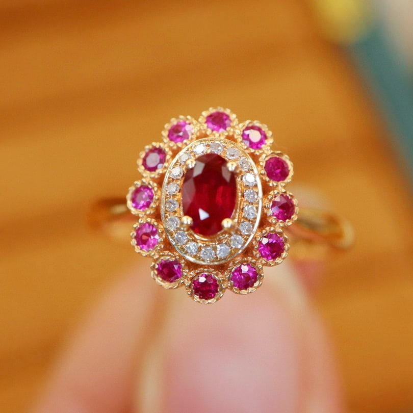14k Gold 0.67 Ctw Natural Ruby & Ruby Ring: Ref:230993060 // gold content:14k gold // ring size:7. 25us // // main gemstone:ruby // shape:oval // carat weight:0. 35ct // color:red // treatment:natural // // adjacent gemstone 2 : ruby //