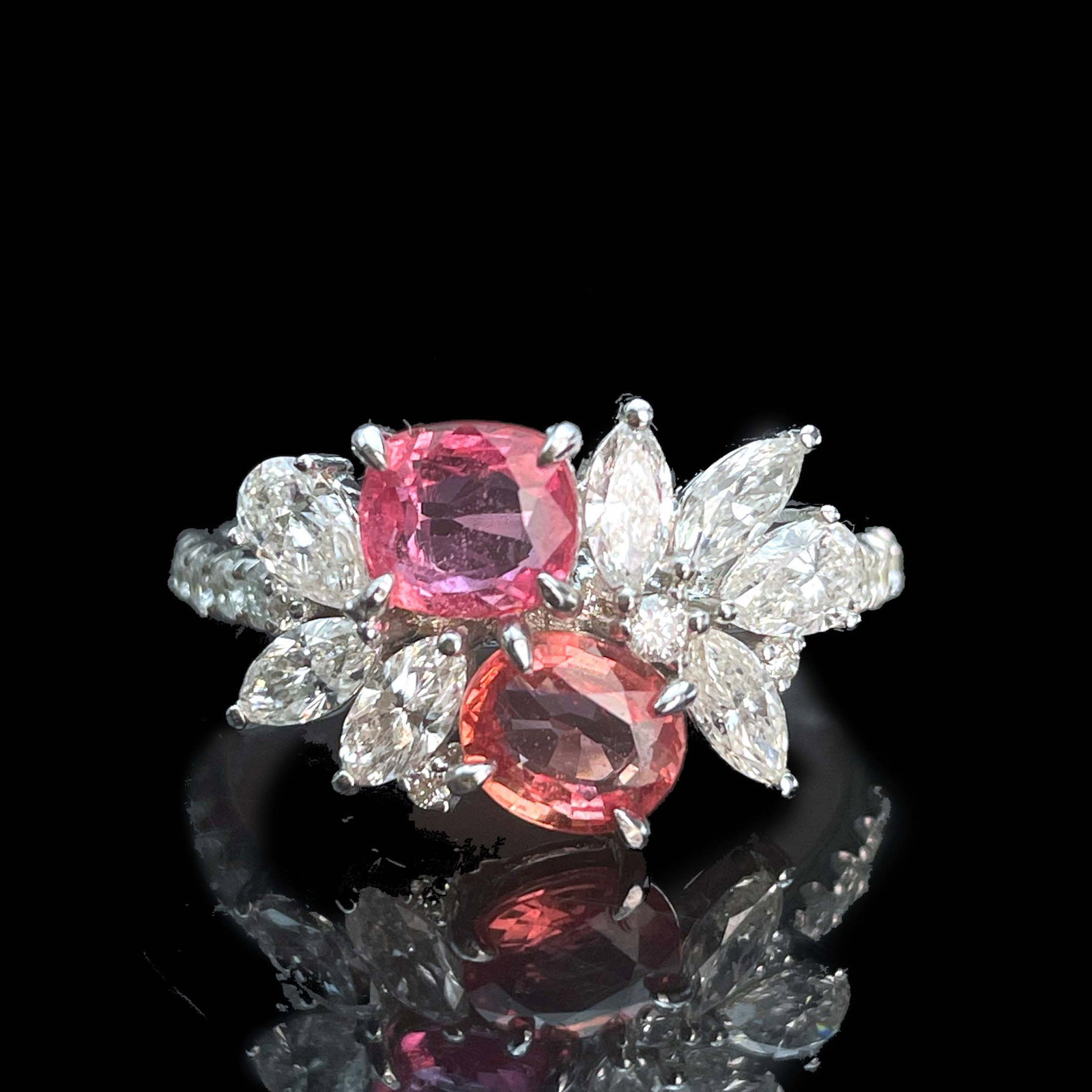 14k Gold 2.64 Ctw Natural Padparadscha Sapphire & Diamond Ring: Ref:230993071 // gold content:14k gold // ring size:7. 25us // // main gemstone:padparadscha sapphire // shape:multiply // carat weight:1. 51ct // color:orangish pink // treatment:natural // // adjace