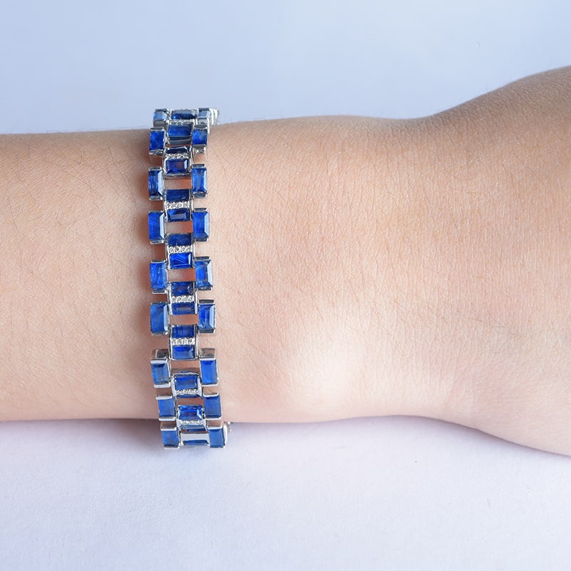 14k Gold 15.8 Ct Natural Sapphire & Diamond Bracelet - 4