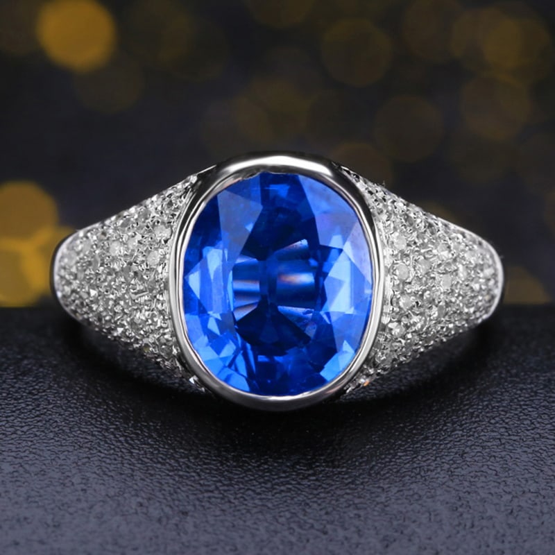14k Gold 3.89 Ctw Natural Sapphire & Diamond Ring: Ref:230993092 // gold content:14k gold // ring size:7. 25us // // main gemstone:sapphire // shape:oval // carat weight:3. 47ct // color:cornflower blue // treatment:natural // // adjacent gemstone 2 :