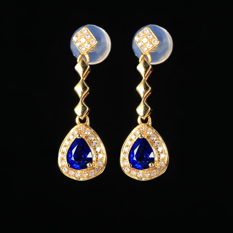 14k Gold 0.67 Ctw Vivid Blue Natural Sapphire & Diamond Earrings - 2